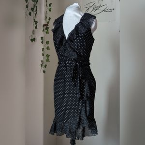 White House Black Market Black Polka Dots Ruffle Knee Length Wrap Dress Sz 00